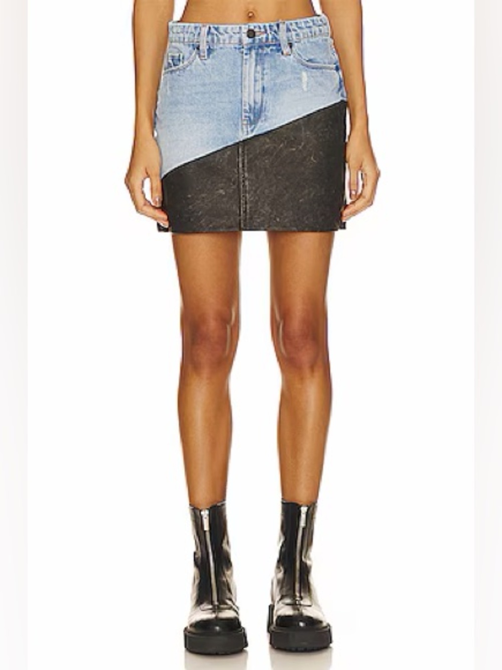 Blank NYC Born To Ride Two-Tone Light Blue Denim and Black Mini Skirt